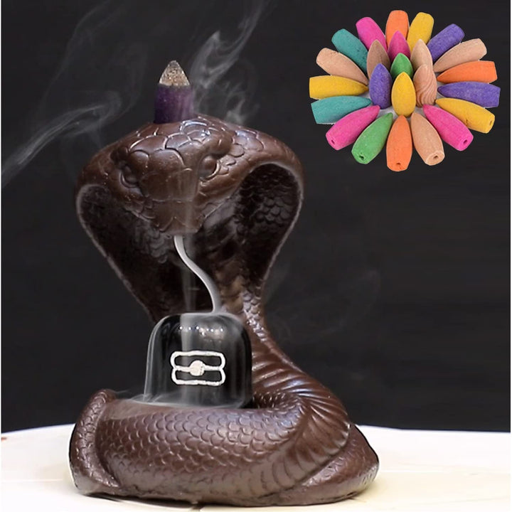 Nag incense burner with 30 backflow incense stick cones for pooja, meditation, prayer, and home decoration.