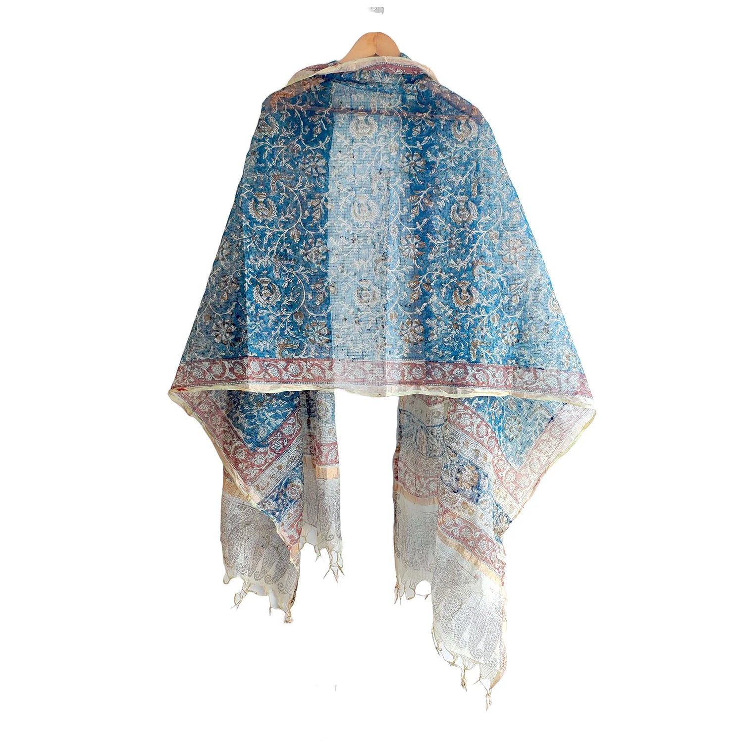 Kota Doria Kalamkari Cotton Silk Light Blue Colour Floral Dupatta