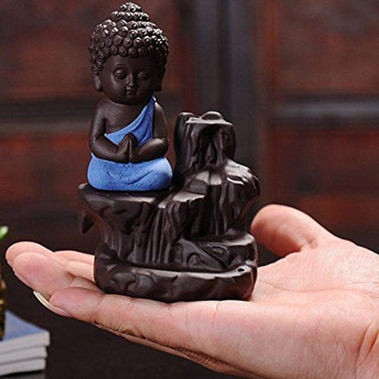 Buddha Smoke Backflow Fountain Incense Holder Decorative Showpiece with Free 20 Smoke Backflow Scented Cones Incense (Blue)