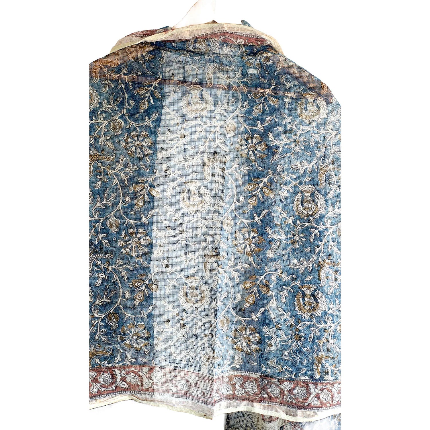Kota Doria Kalamkari Cotton Silk Light Blue Colour Floral Dupatta