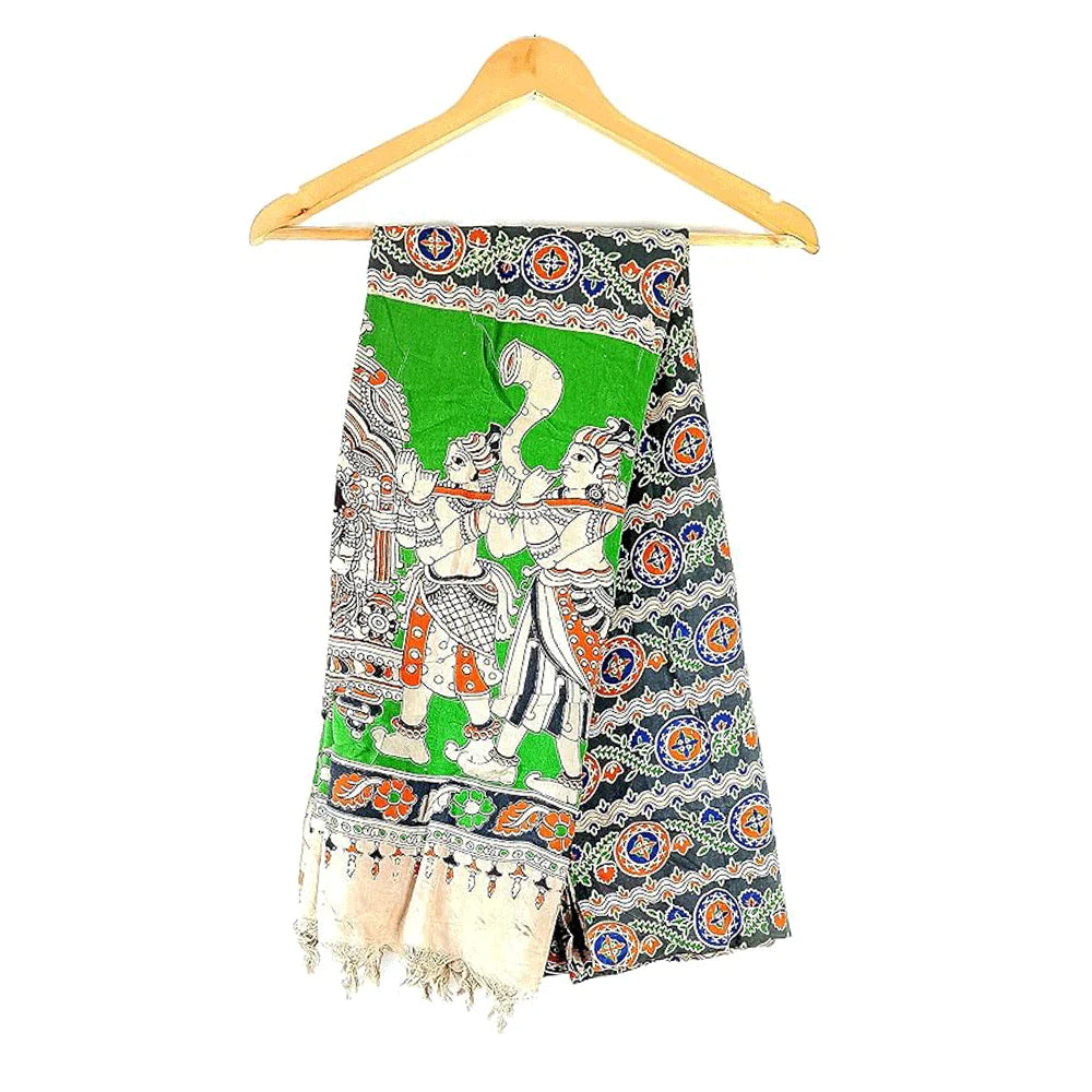 Kalamkari Pure Silk Diyya Design Natural Hand Block Printed Atomic Tangerine