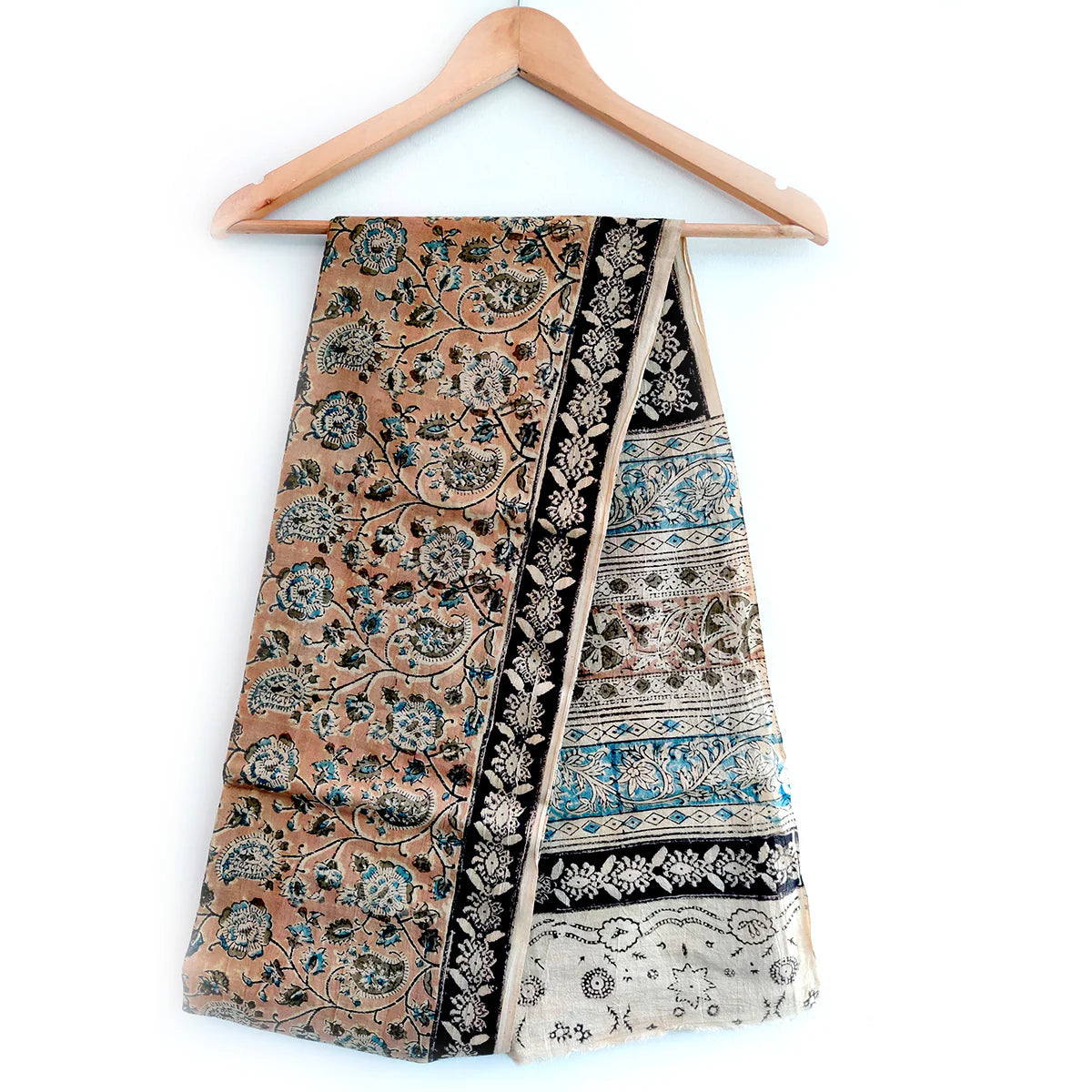 Kalamkari Hand Block Printed Pure Cotton Dupatta – Traditional Floral Print