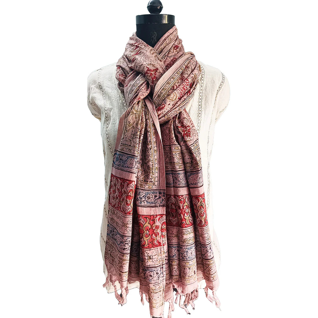 Kalamkari Block printed Hand Woven Stole with tassels