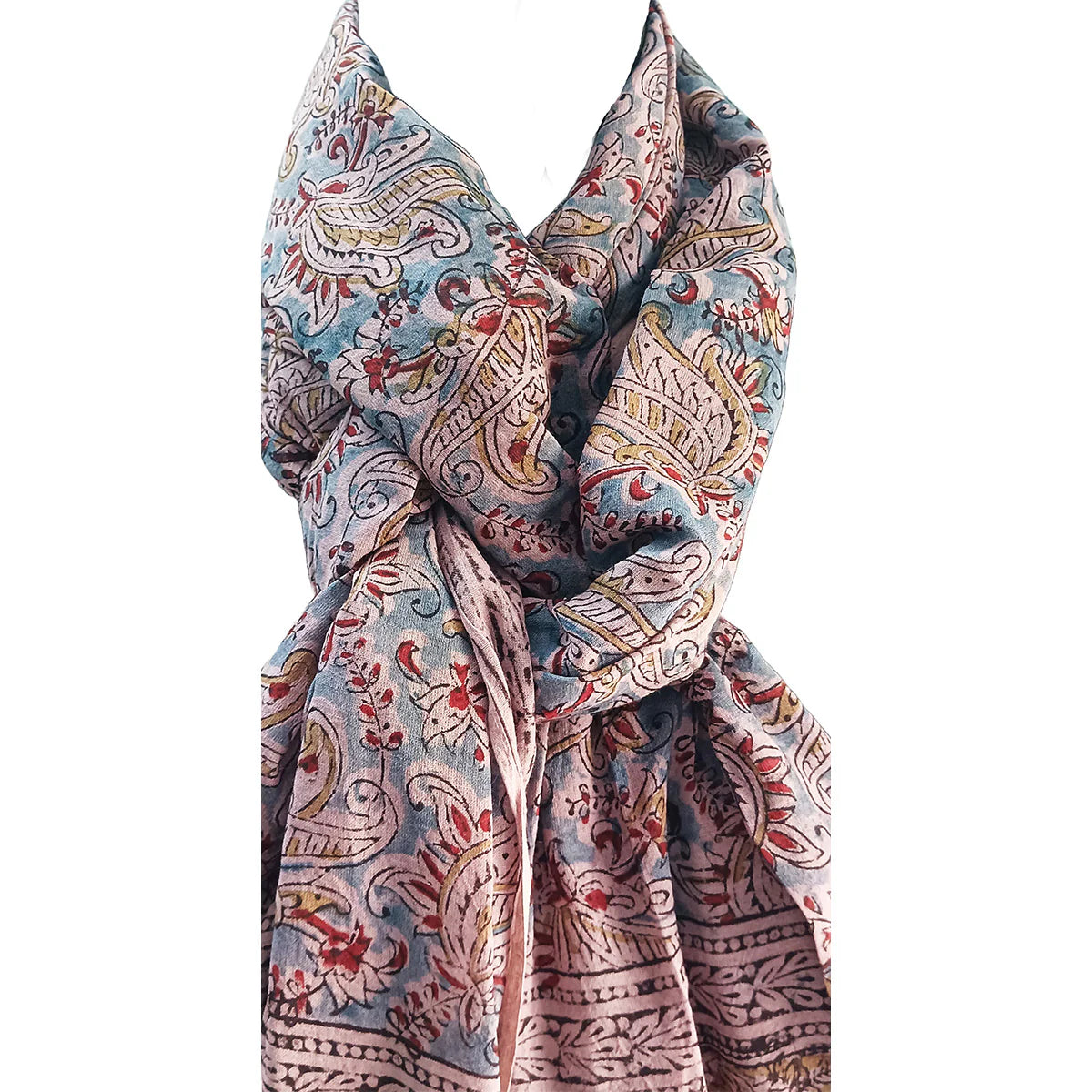Kalamkari Block printed Hand Woven Stole with tassels