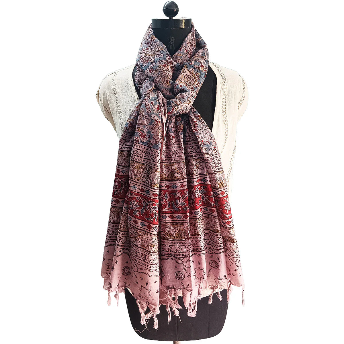 Kalamkari Block printed Hand Woven Stole with tassels