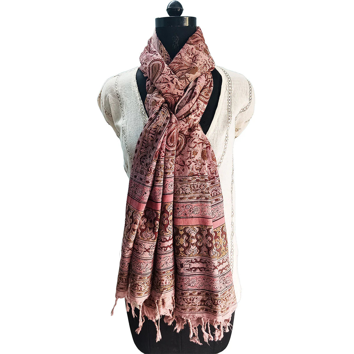 Kalamkari Block printed Hand Woven Stole with tassels