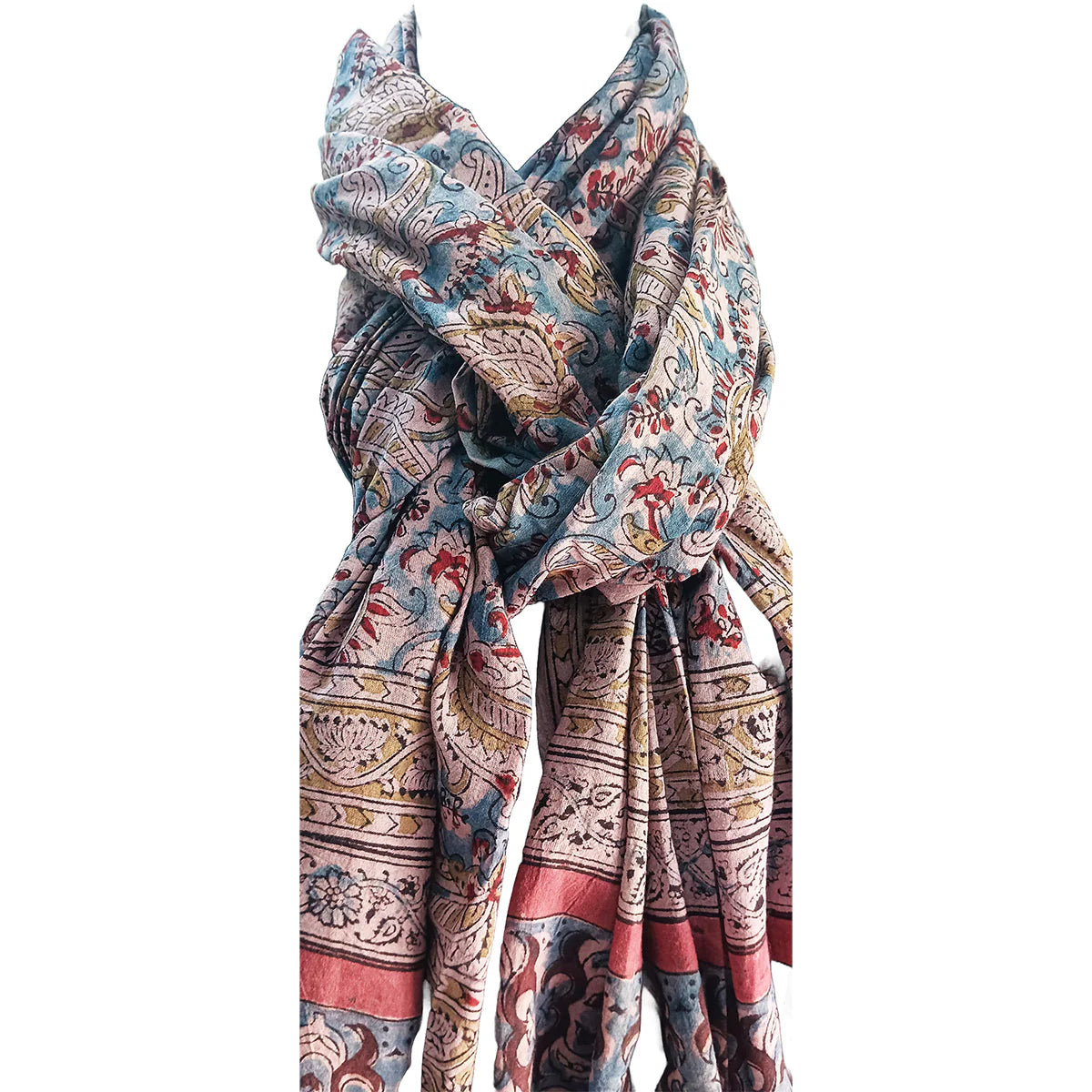 Kalamkari Block printed Hand Woven Stole with tassels