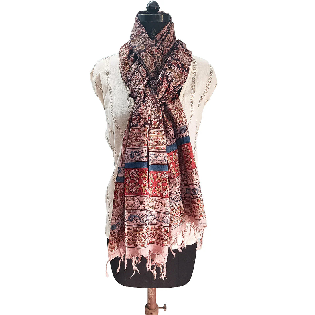 Kalamkari Block printed Hand Woven Stole with tassels