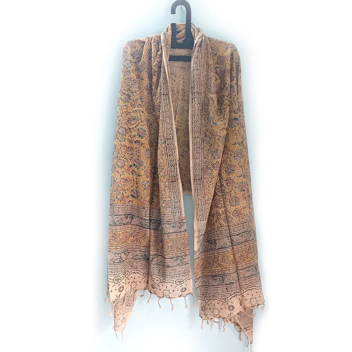 Kalamkari Block Printed Hand Woven Stole with Tassels