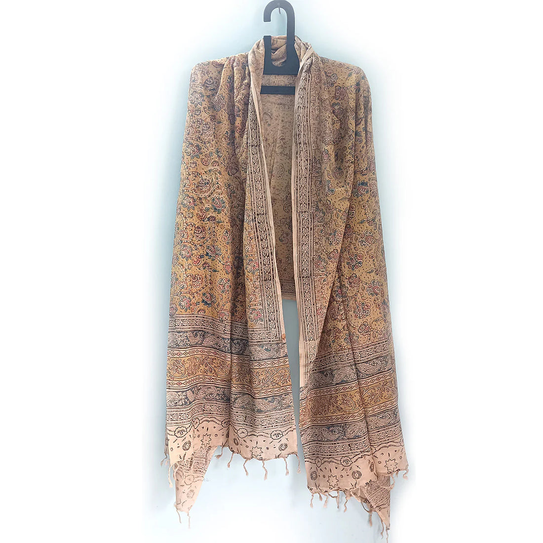 Kalamkari Block Printed Hand Woven Stole with Tassels