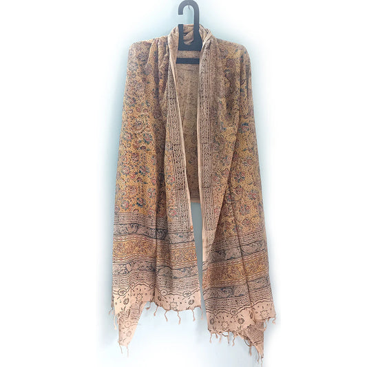 Kalamkari Block Printed Hand Woven Stole with Tassels