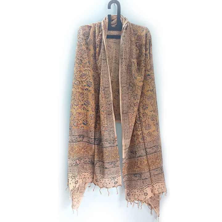 Kalamkari Block Printed Hand Woven Stole with Tassels