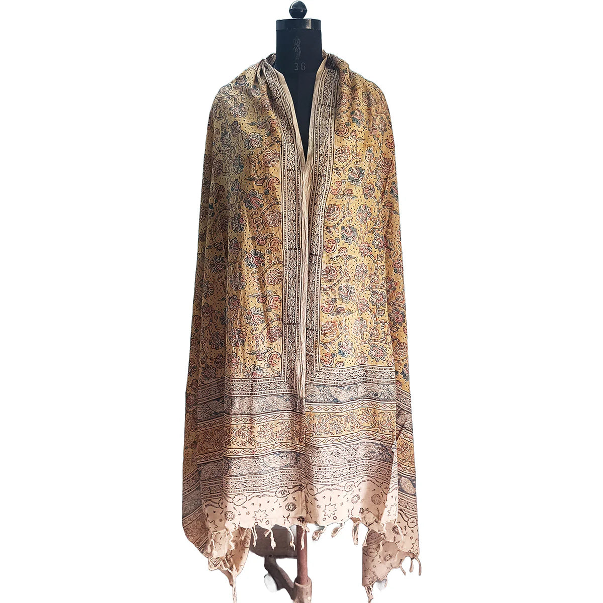 Kalamkari Block Printed Hand Woven Stole with Tassels