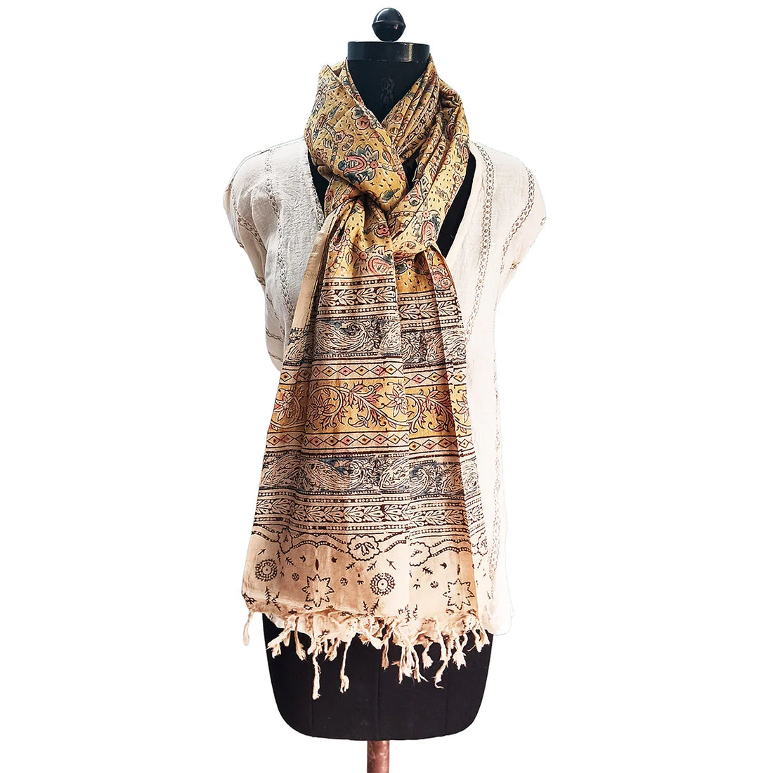Kalamkari Block Printed Hand Woven Stole with Tassels