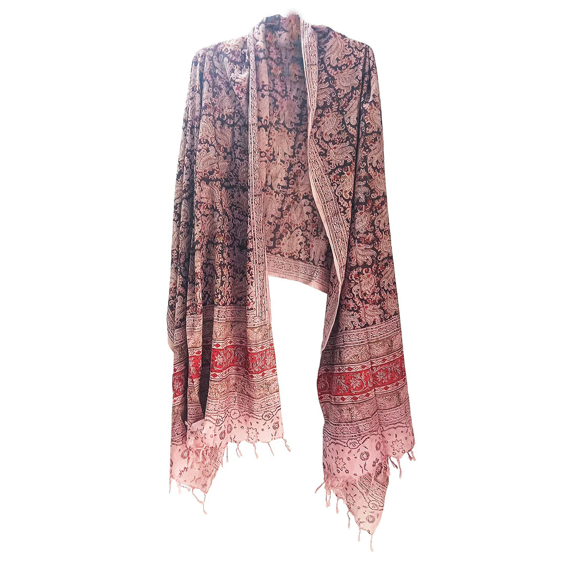 Kalamkari Block Printed Hand Woven Stole with Tassels