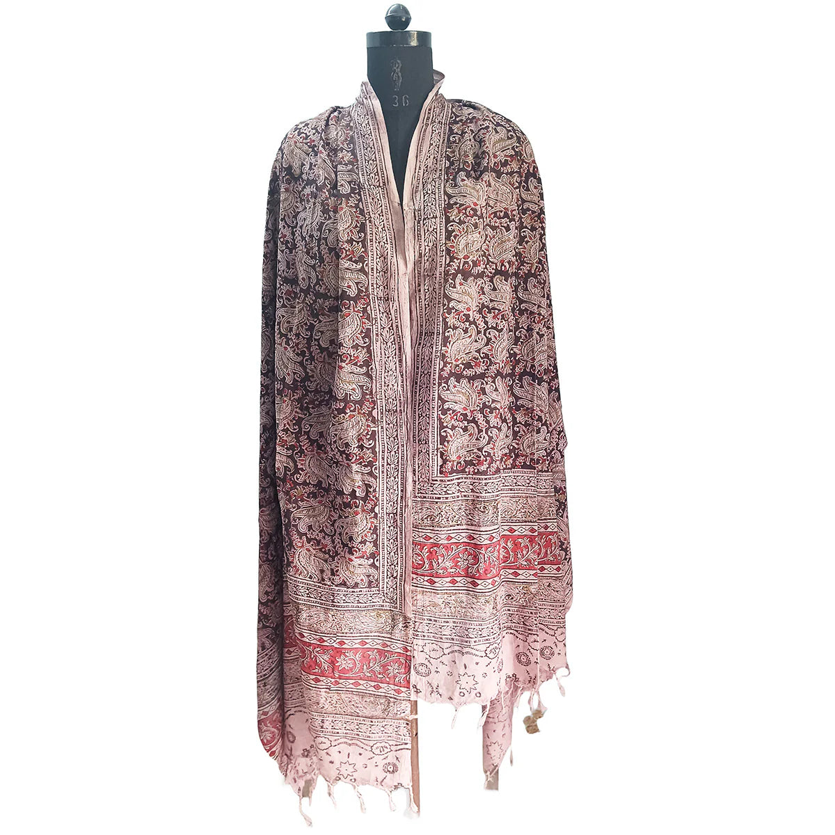 Kalamkari Block Printed Hand Woven Stole with Tassels