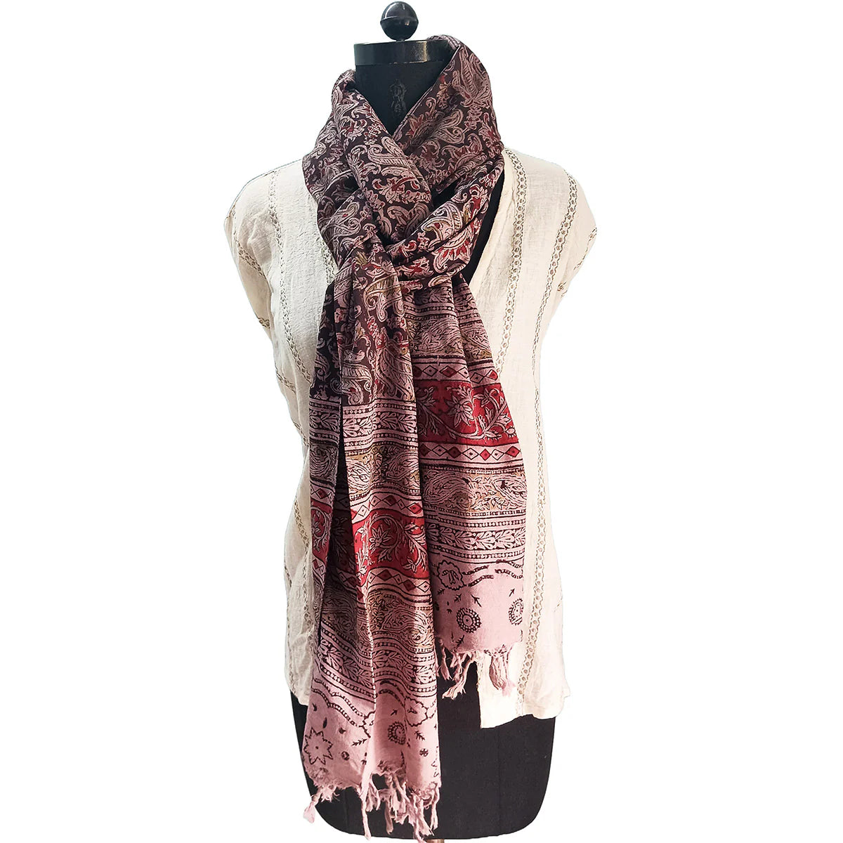 Kalamkari Block Printed Hand Woven Stole with Tassels