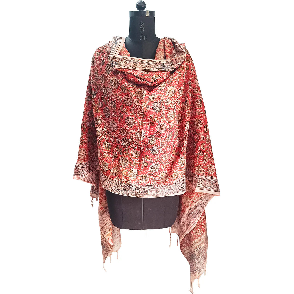 Kalamkari Block Printed Hand Woven Stole with Tassels