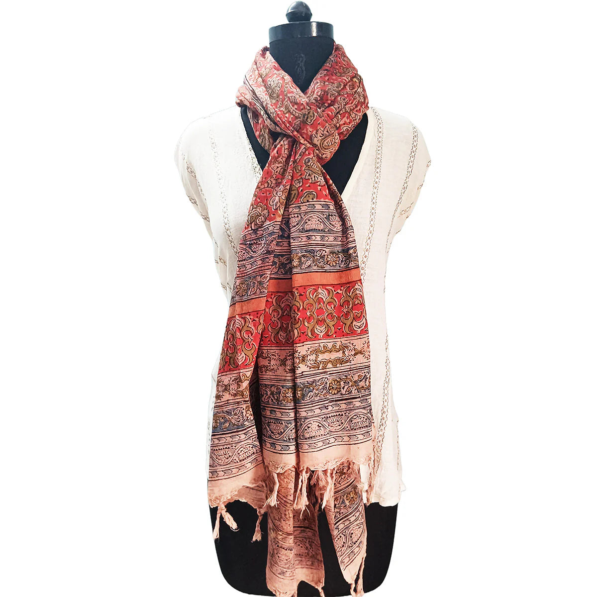 Kalamkari Block Printed Hand Woven Stole with Tassels