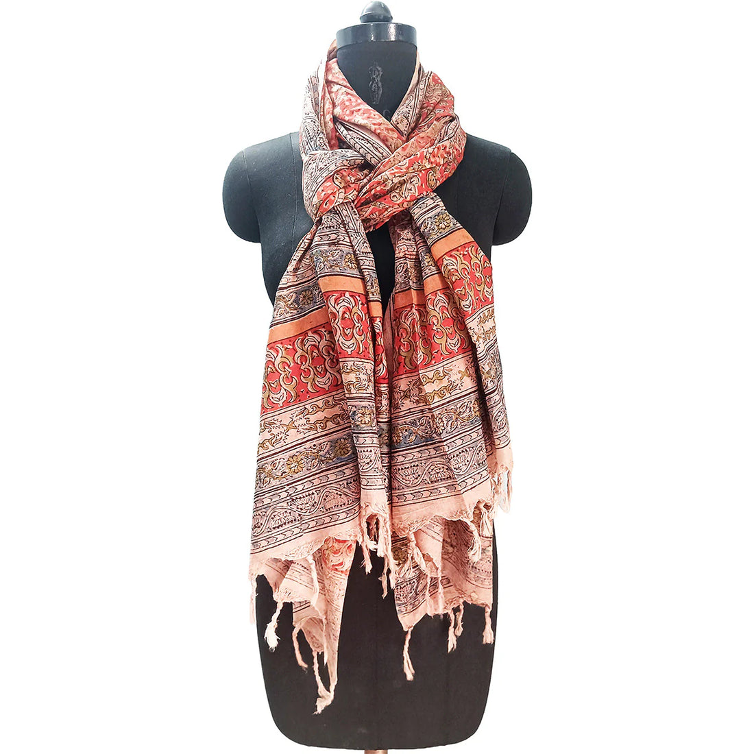 Kalamkari Block Printed Hand Woven Stole with Tassels