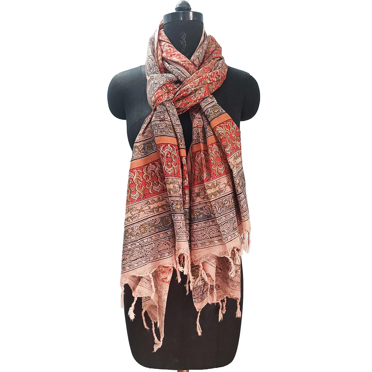 Kalamkari Block Printed Hand Woven Stole with Tassels