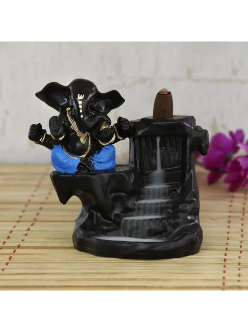 Ganesha Smoke Backflow Cone Incense Holder with 20 Cones Decorative Showpiece – 12.5 cm (Polyresin, Blue, Brown)