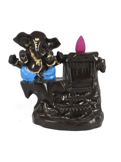 Ganesha Smoke Backflow Cone Incense Holder with 20 Cones Decorative Showpiece – 12.5 cm (Polyresin, Blue, Brown)