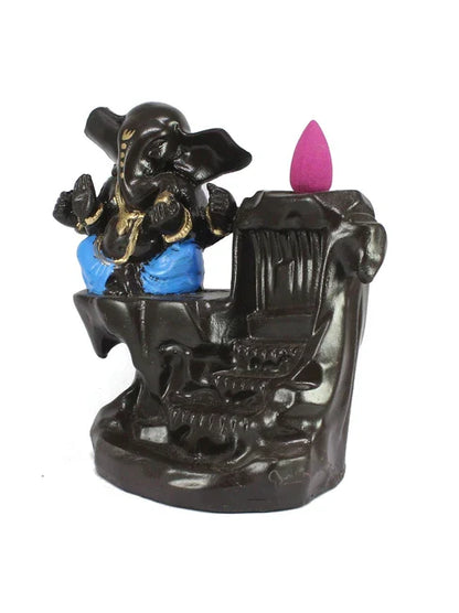 Ganesha Smoke Backflow Cone Incense Holder with 20 Cones Decorative Showpiece – 12.5 cm (Polyresin, Blue, Brown)