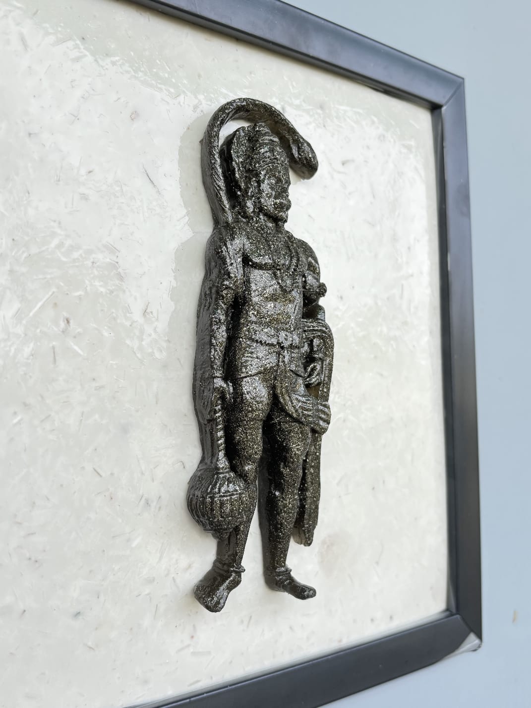 Pyrite Hanuman with Frame – Handcrafted Spiritual Figurine, 22x22 cm
