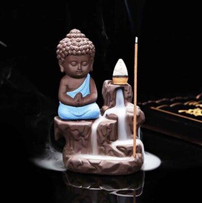 Buddha Smoke Backflow Fountain Incense Holder Decorative Showpiece with Free 20 Smoke Backflow Scented Cones Incense (Blue)