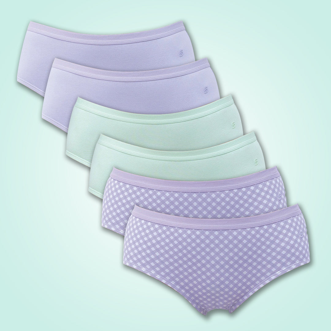 Organic Everyday Undies (Hipster) (6pc) Green Fig, Lavender Checks , Lavender